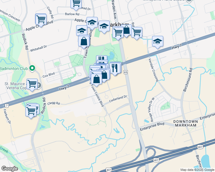 map of restaurants, bars, coffee shops, grocery stores, and more near 1 Clegg Road in Markham