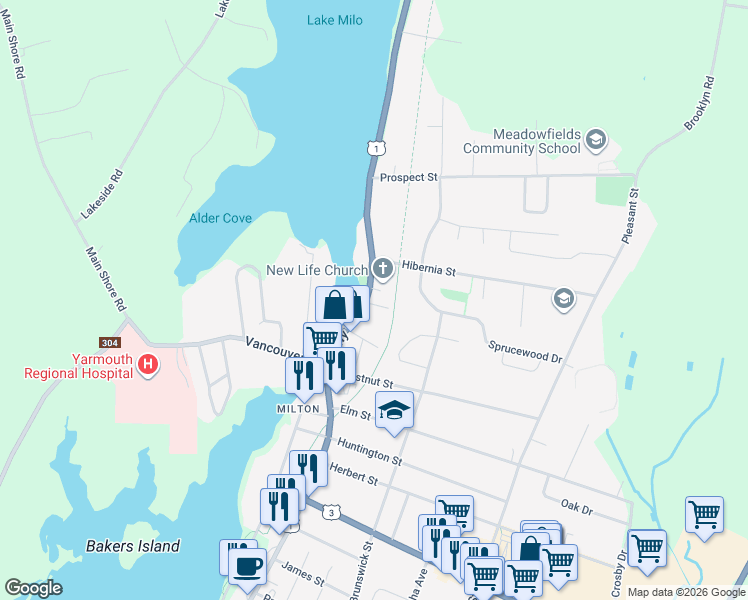 map of restaurants, bars, coffee shops, grocery stores, and more near 663 Main Street in Yarmouth