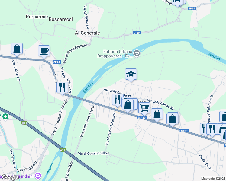 map of restaurants, bars, coffee shops, grocery stores, and more near 291 Via della Chiesa XI in Lucca