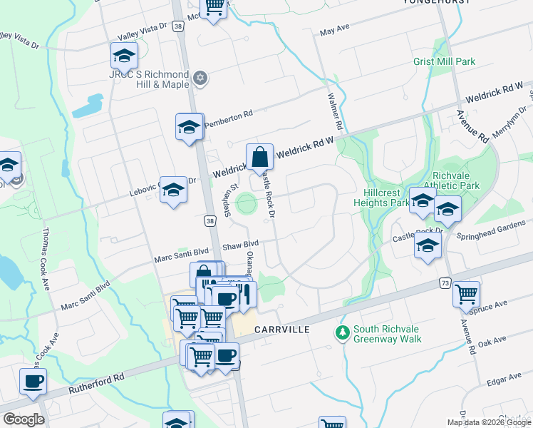 map of restaurants, bars, coffee shops, grocery stores, and more near 4 McNairn Court in Richmond Hill