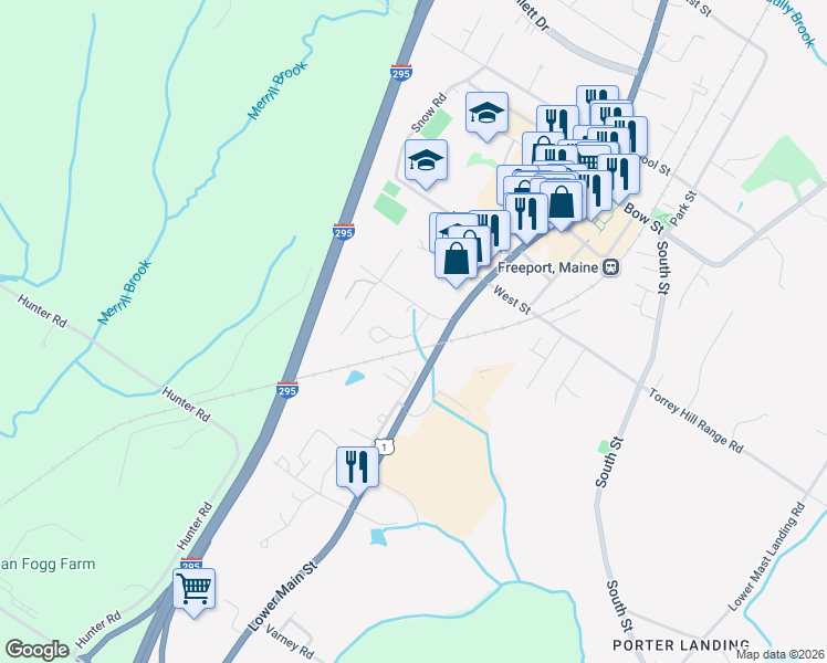 map of restaurants, bars, coffee shops, grocery stores, and more near 9 Summer Street in Freeport
