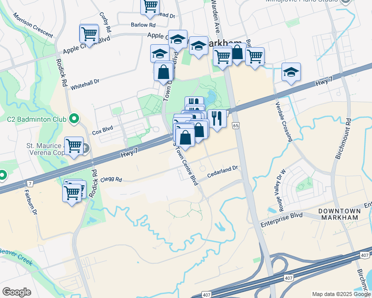 map of restaurants, bars, coffee shops, grocery stores, and more near 55 South Town Centre Boulevard in Markham