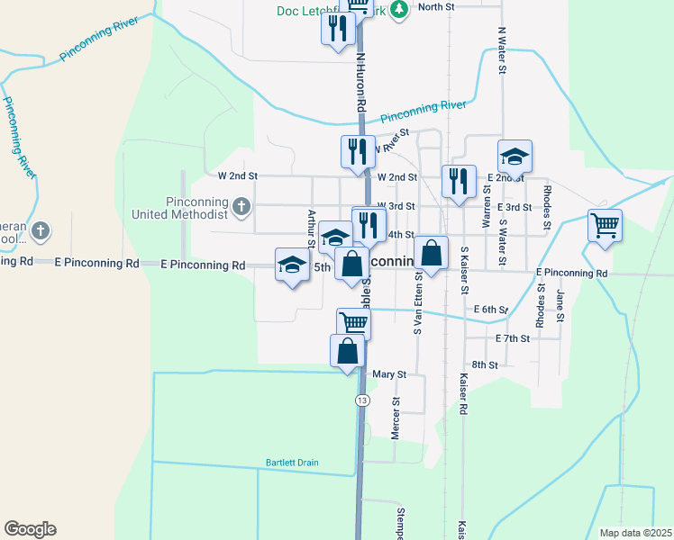 map of restaurants, bars, coffee shops, grocery stores, and more near 609 West 5th Street in Pinconning