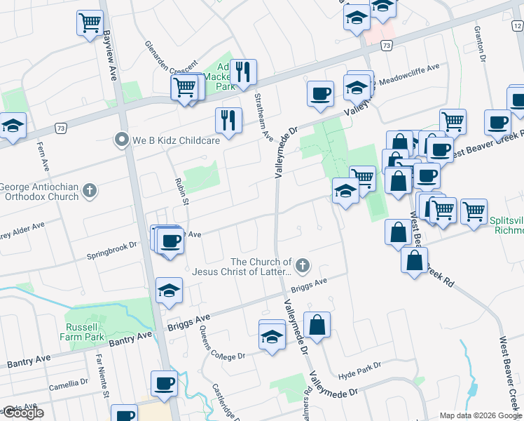 map of restaurants, bars, coffee shops, grocery stores, and more near 76 Blackmore Avenue in Richmond Hill