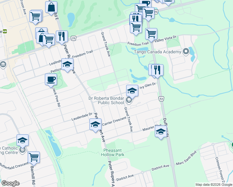 map of restaurants, bars, coffee shops, grocery stores, and more near 123 Ivy Glen Drive in Vaughan