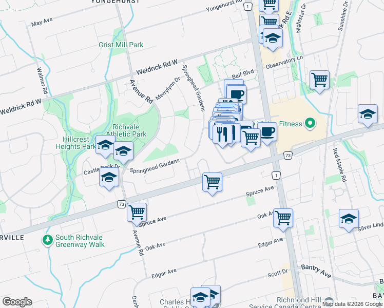 map of restaurants, bars, coffee shops, grocery stores, and more near 78 Springhead Gardens in Richmond Hill