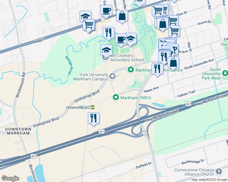 map of restaurants, bars, coffee shops, grocery stores, and more near 15 University Boulevard in Markham