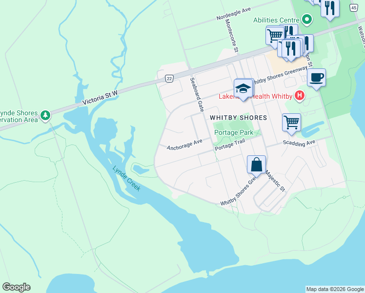 map of restaurants, bars, coffee shops, grocery stores, and more near Anchorage Avenue in Whitby