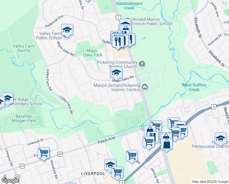 map of restaurants, bars, coffee shops, grocery stores, and more near 2084 Duberry Drive in Pickering
