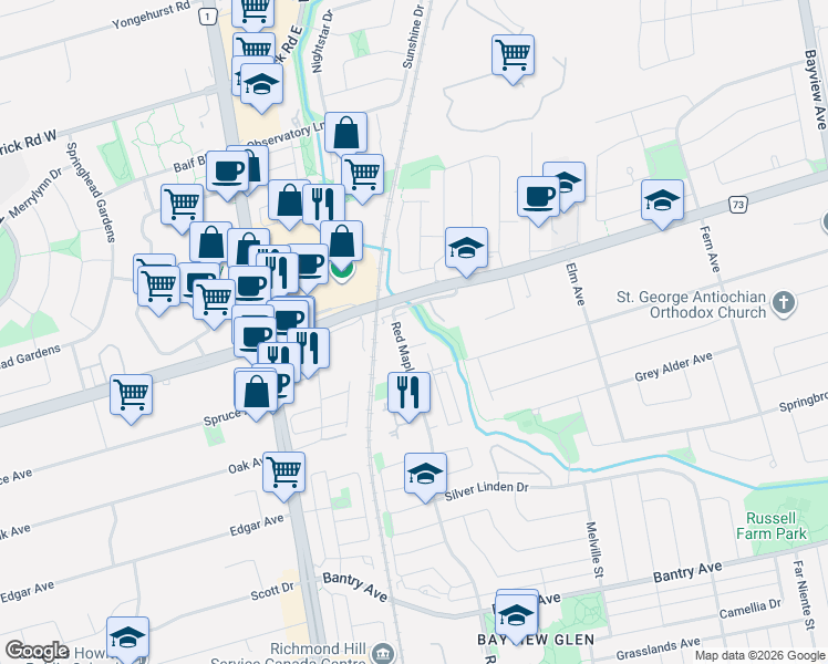 map of restaurants, bars, coffee shops, grocery stores, and more near 395 Red Maple Road in Richmond Hill
