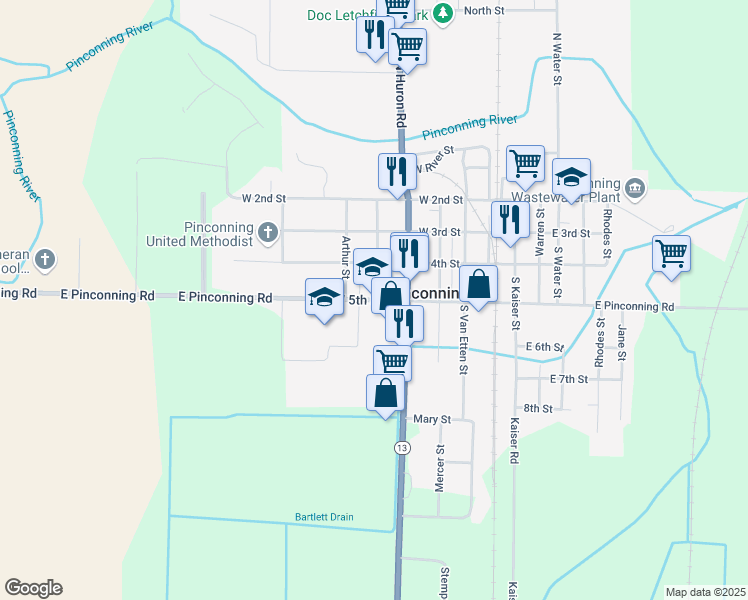 map of restaurants, bars, coffee shops, grocery stores, and more near 609 West 5th Street in Pinconning