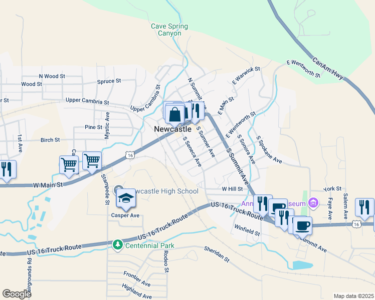 map of restaurants, bars, coffee shops, grocery stores, and more near 17 S Seneca Ave in Newcastle