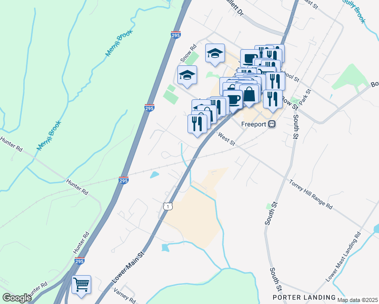 map of restaurants, bars, coffee shops, grocery stores, and more near 7 Main Street in Freeport