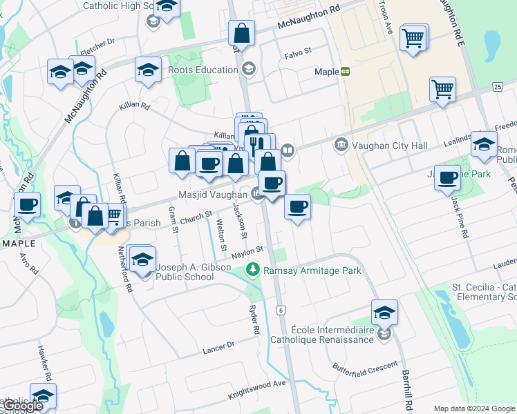 map of restaurants, bars, coffee shops, grocery stores, and more near 9973 York Regional Road 6 in Vaughan