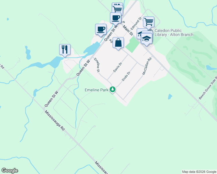 map of restaurants, bars, coffee shops, grocery stores, and more near 28 Emeline Street in Caledon