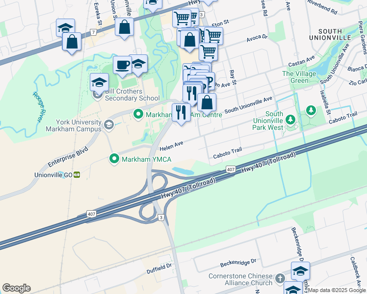 map of restaurants, bars, coffee shops, grocery stores, and more near 8111 Kennedy Road in Markham