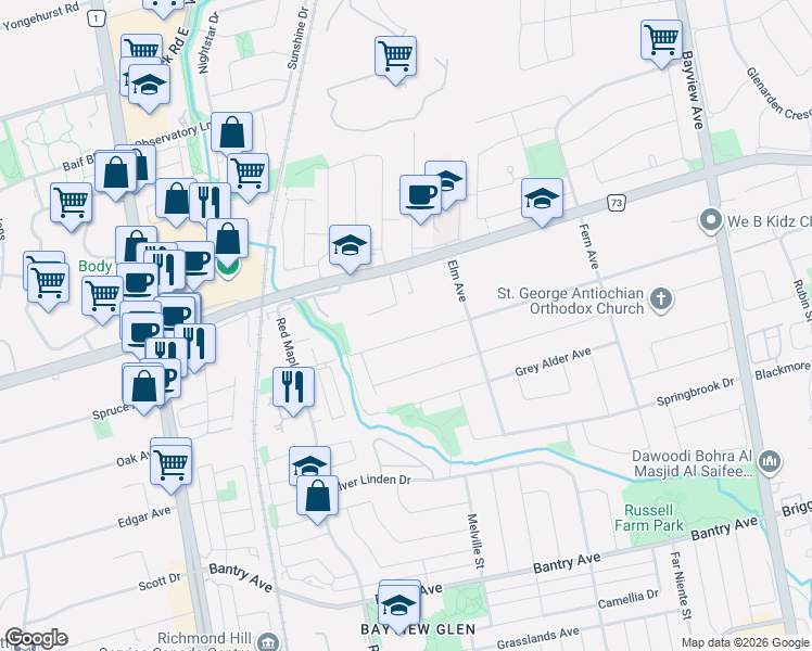 map of restaurants, bars, coffee shops, grocery stores, and more near 106 Duncan Road in Richmond Hill