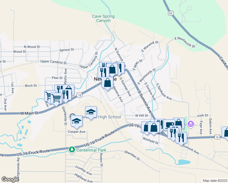map of restaurants, bars, coffee shops, grocery stores, and more near 17 S Seneca Ave in Newcastle