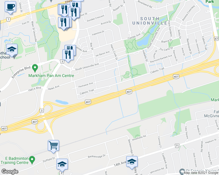 map of restaurants, bars, coffee shops, grocery stores, and more near 377 Caboto Trail in Markham