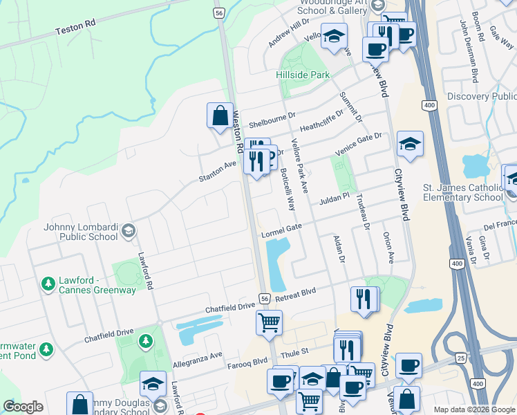 map of restaurants, bars, coffee shops, grocery stores, and more near 61 Tiana Court in Vaughan