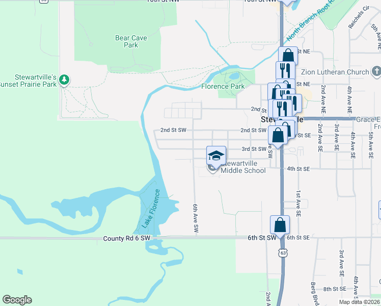 map of restaurants, bars, coffee shops, grocery stores, and more near 511 3rd Street Southwest in Stewartville