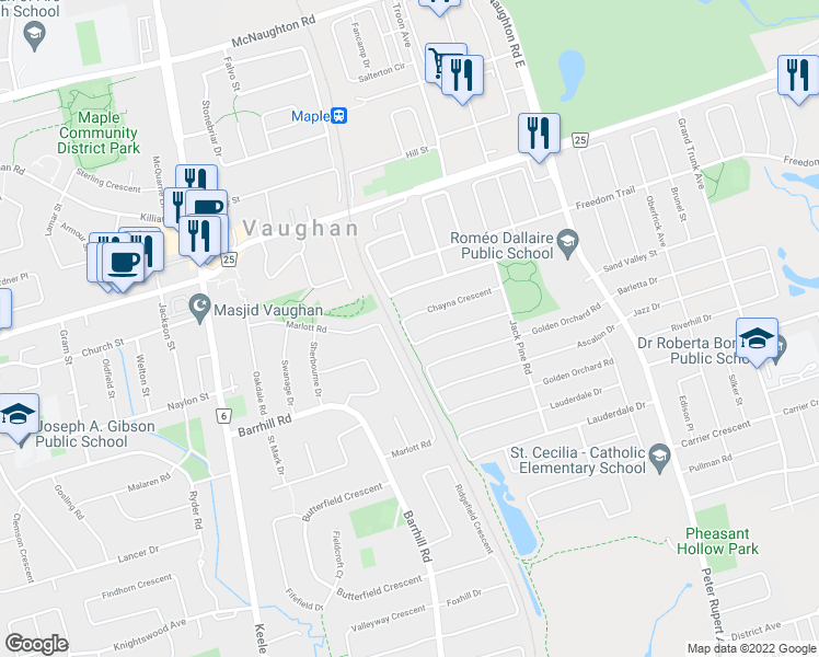 map of restaurants, bars, coffee shops, grocery stores, and more near 116 Chayna Crescent in Vaughan