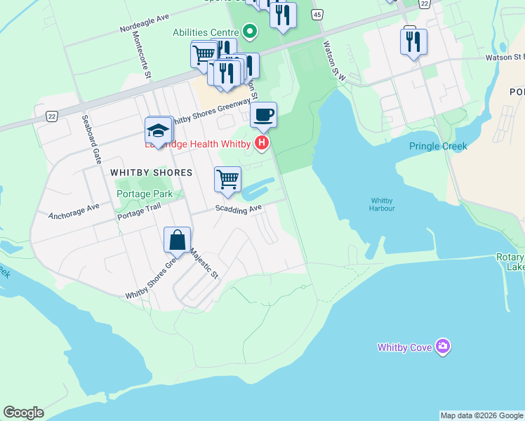 map of restaurants, bars, coffee shops, grocery stores, and more near 19 Haydock Way in Whitby