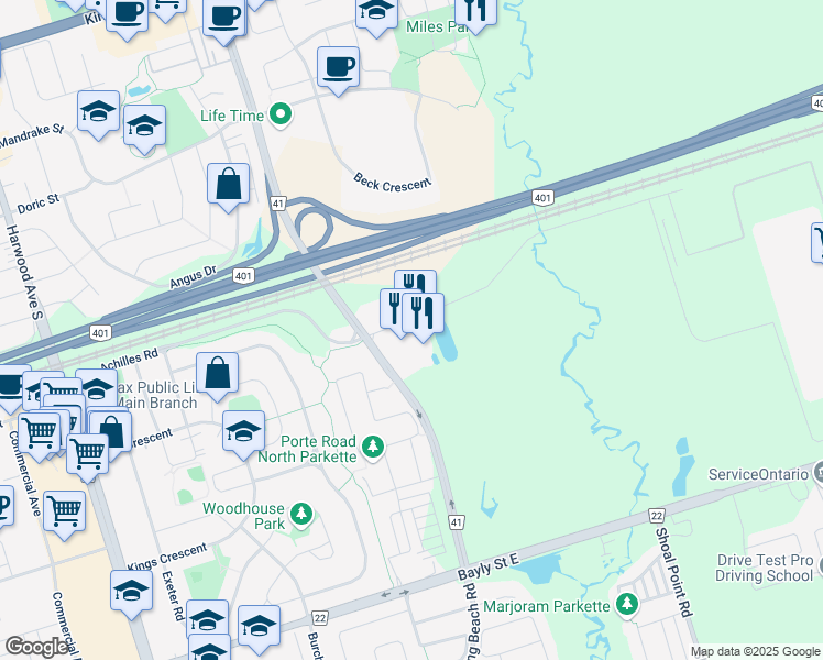 map of restaurants, bars, coffee shops, grocery stores, and more near 100 Achilles Road in Ajax