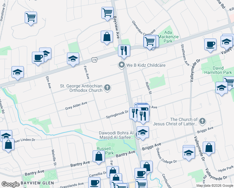 map of restaurants, bars, coffee shops, grocery stores, and more near 9116 Bayview Avenue in Richmond Hill