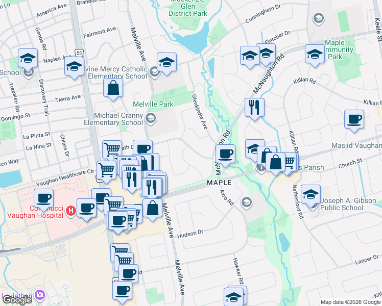 map of restaurants, bars, coffee shops, grocery stores, and more near 2 Grampian Avenue in Vaughan