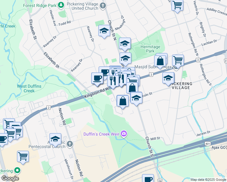 map of restaurants, bars, coffee shops, grocery stores, and more near 60 Randall Drive in Ajax