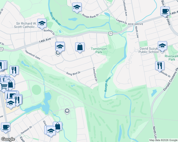 map of restaurants, bars, coffee shops, grocery stores, and more near 91 Song Bird Drive in Markham