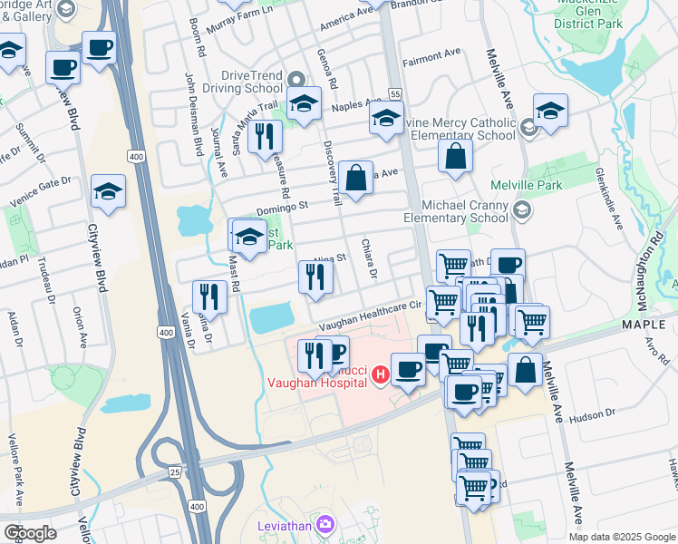 map of restaurants, bars, coffee shops, grocery stores, and more near 15 Pietro Drive in Vaughan