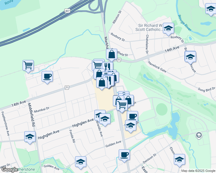map of restaurants, bars, coffee shops, grocery stores, and more near 7720 Markham Road in Markham