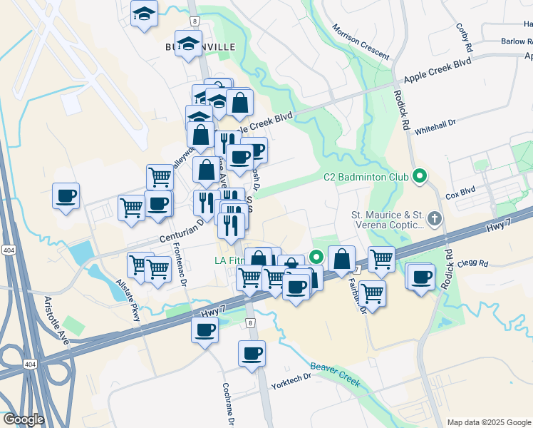 map of restaurants, bars, coffee shops, grocery stores, and more near 10 Hughson Drive in Markham