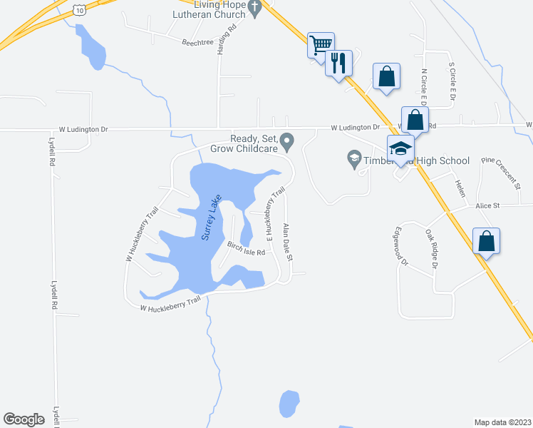 map of restaurants, bars, coffee shops, grocery stores, and more near East Huckleberry Trail in Clare County