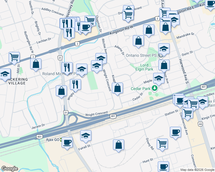 map of restaurants, bars, coffee shops, grocery stores, and more near 36 Wright Crescent in Ajax