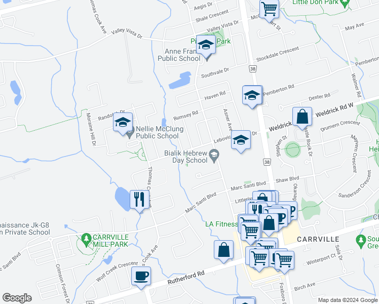 map of restaurants, bars, coffee shops, grocery stores, and more near 131 Lebovic Campus Drive in Vaughan