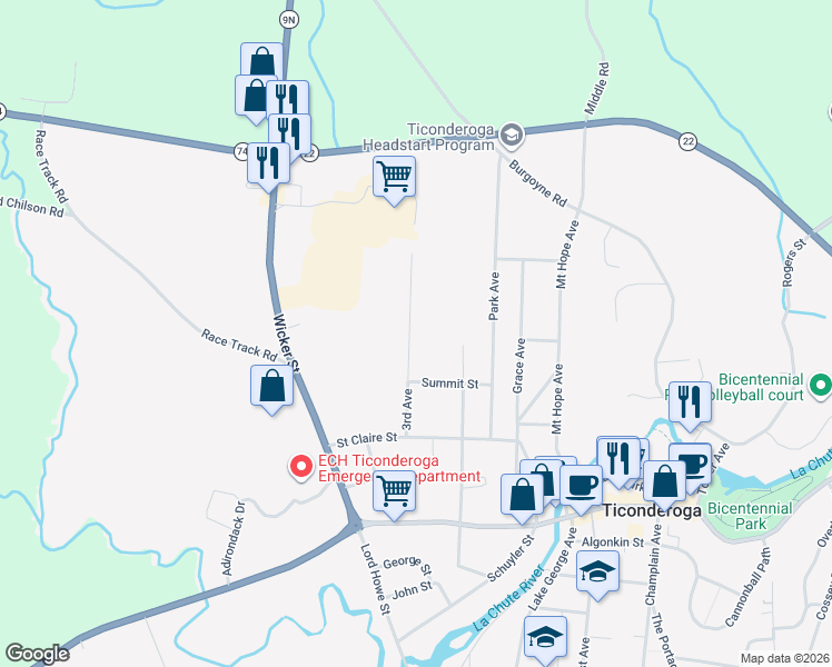 map of restaurants, bars, coffee shops, grocery stores, and more near 46 3rd Ave in Ticonderoga
