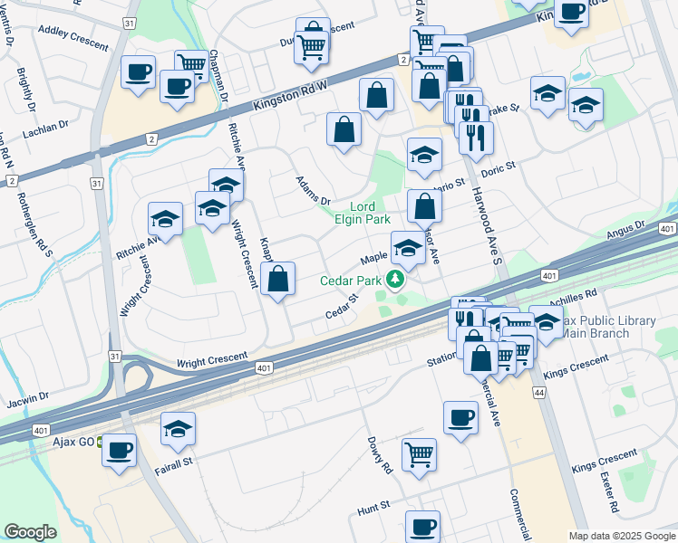 map of restaurants, bars, coffee shops, grocery stores, and more near 34 Maple Street in Ajax