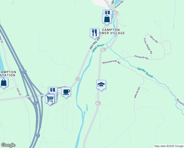 map of restaurants, bars, coffee shops, grocery stores, and more near 1147 New Hampshire 175 in Campton