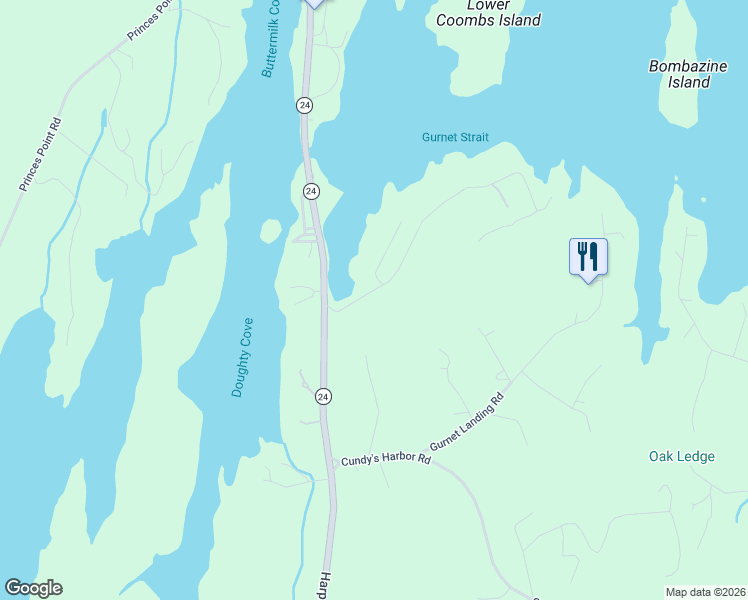 map of restaurants, bars, coffee shops, grocery stores, and more near 185 Indian Rest Road in Harpswell