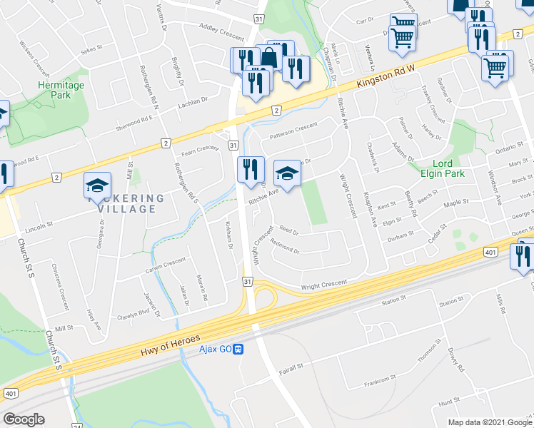 map of restaurants, bars, coffee shops, grocery stores, and more near 263 Wright Crescent in Ajax