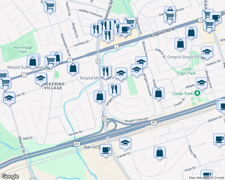 map of restaurants, bars, coffee shops, grocery stores, and more near 263 Wright Crescent in Ajax