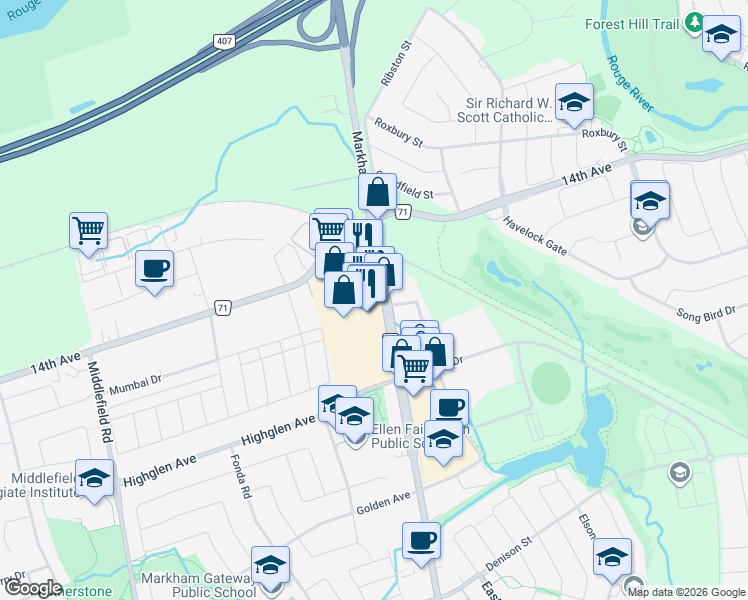 map of restaurants, bars, coffee shops, grocery stores, and more near in Markham
