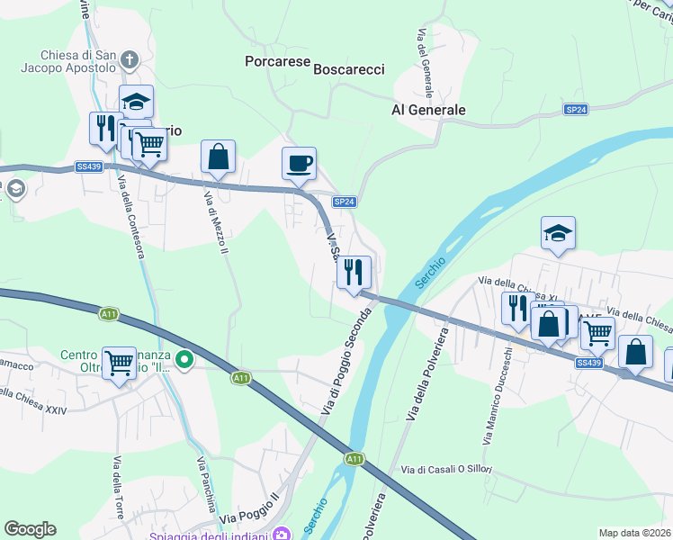 map of restaurants, bars, coffee shops, grocery stores, and more near 1821 Via Sarzanese in Lucca