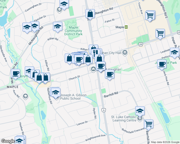 map of restaurants, bars, coffee shops, grocery stores, and more near 8 Church Street in Vaughan