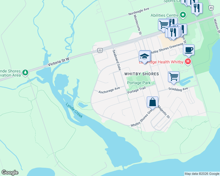 map of restaurants, bars, coffee shops, grocery stores, and more near in Whitby