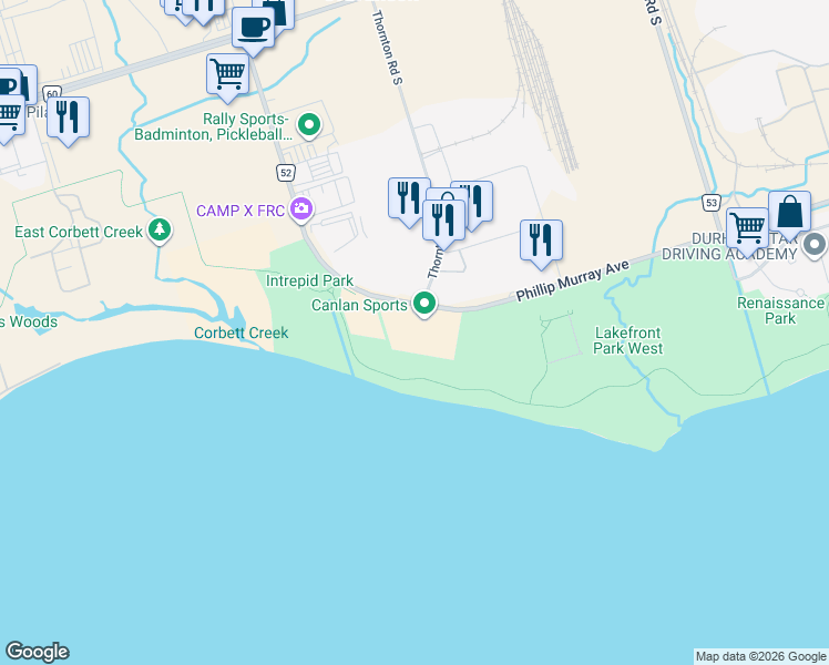 map of restaurants, bars, coffee shops, grocery stores, and more near 1401 Phillip Murray Avenue in Oshawa