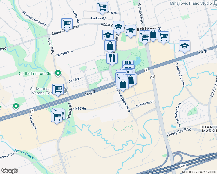 map of restaurants, bars, coffee shops, grocery stores, and more near 3545 Highway 7 in Markham